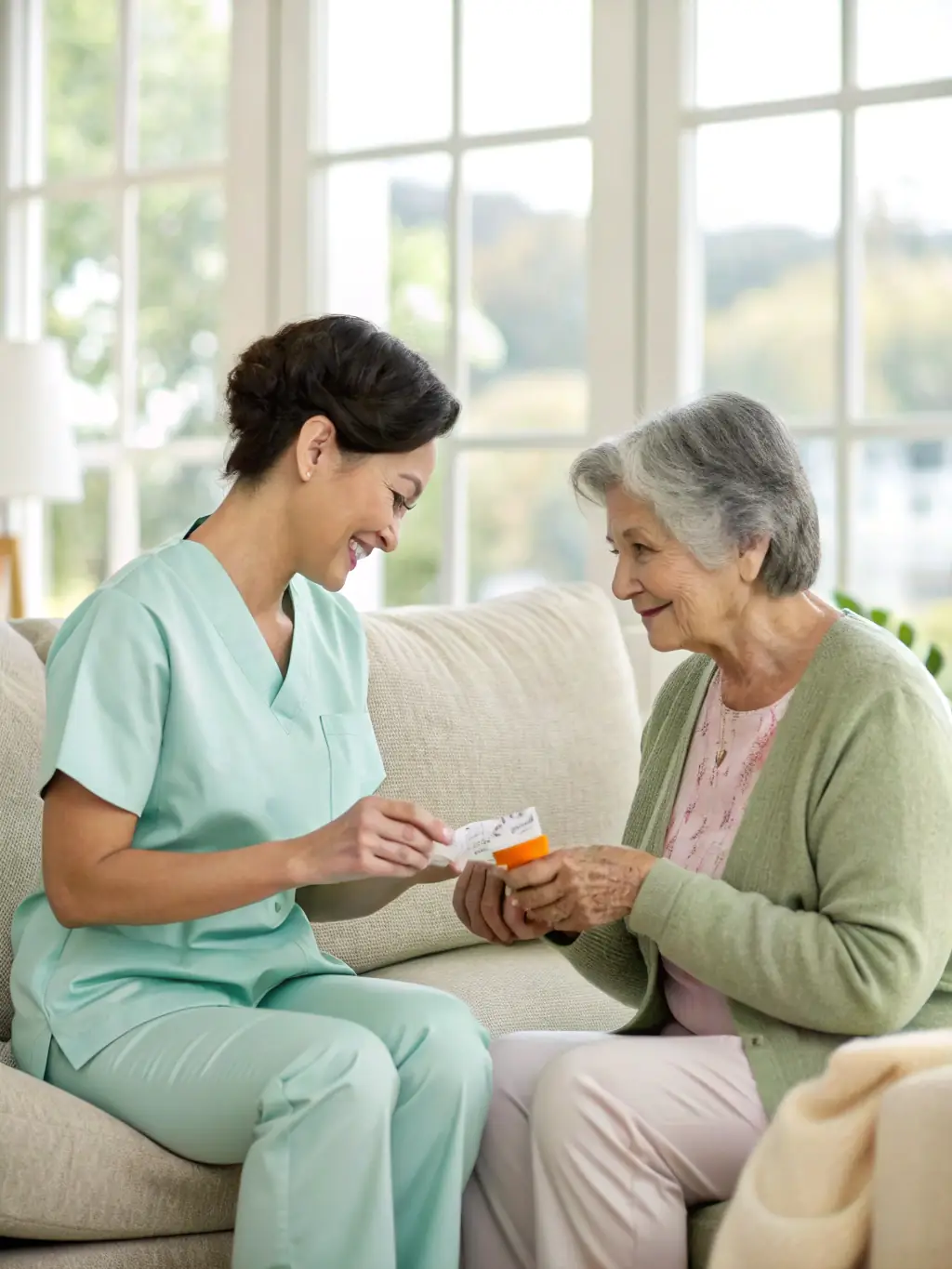 A caring nurse performing a wellness assessment on a senior resident in a comfortable, well-lit room within a senior living community, ensuring a personalized care plan.