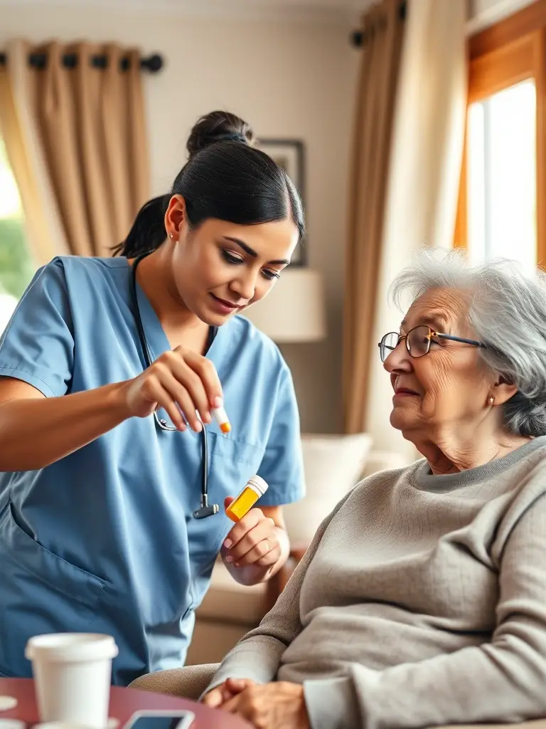 A nurse carefully organizing and administering medication to a senior resident, ensuring accuracy and adherence to prescribed schedules in a senior living environment.