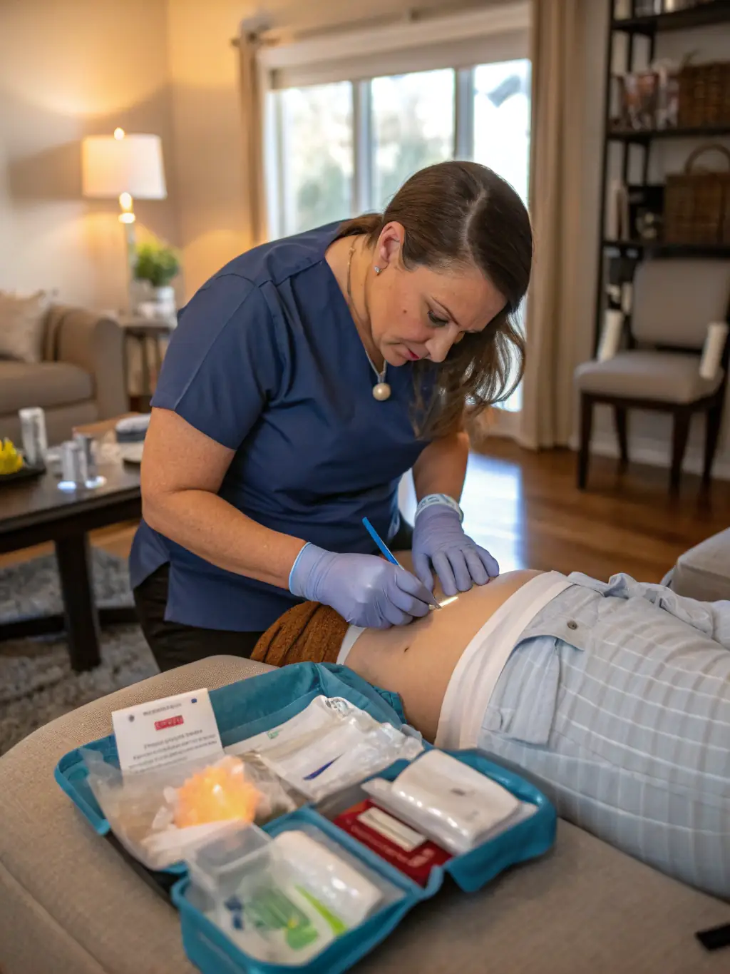 A nurse gently tending to a wound on a senior's arm, using sterile techniques and showing compassionate care.