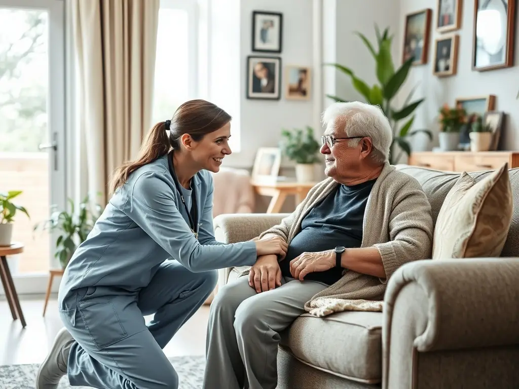 A senior woman smiling and engaged in a wellness assessment with a nurse in a bright, comfortable setting, showcasing personalized care.