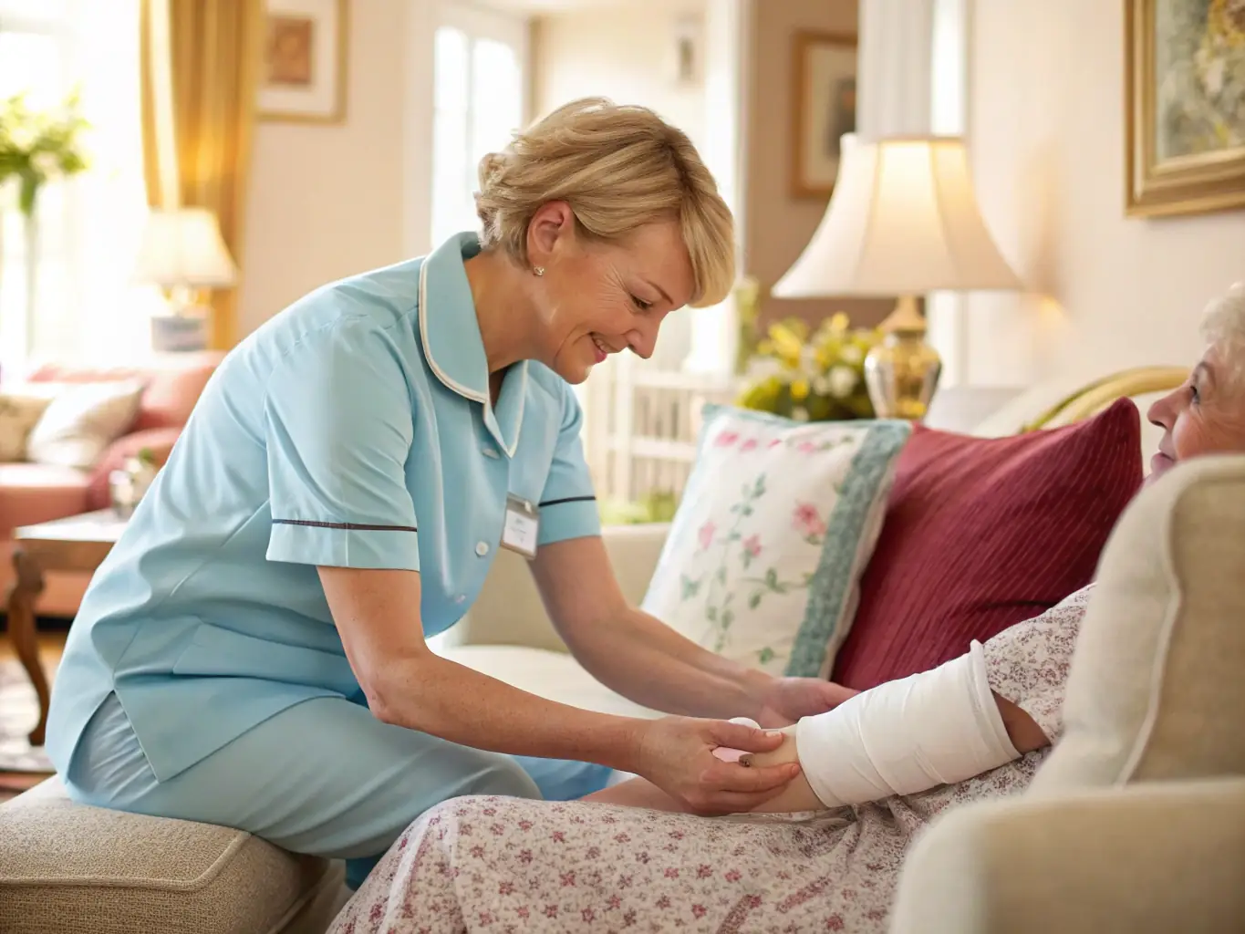 A nurse applying wound dressing to an elderly patient's leg in a comfortable setting, providing gentle and effective wound care.