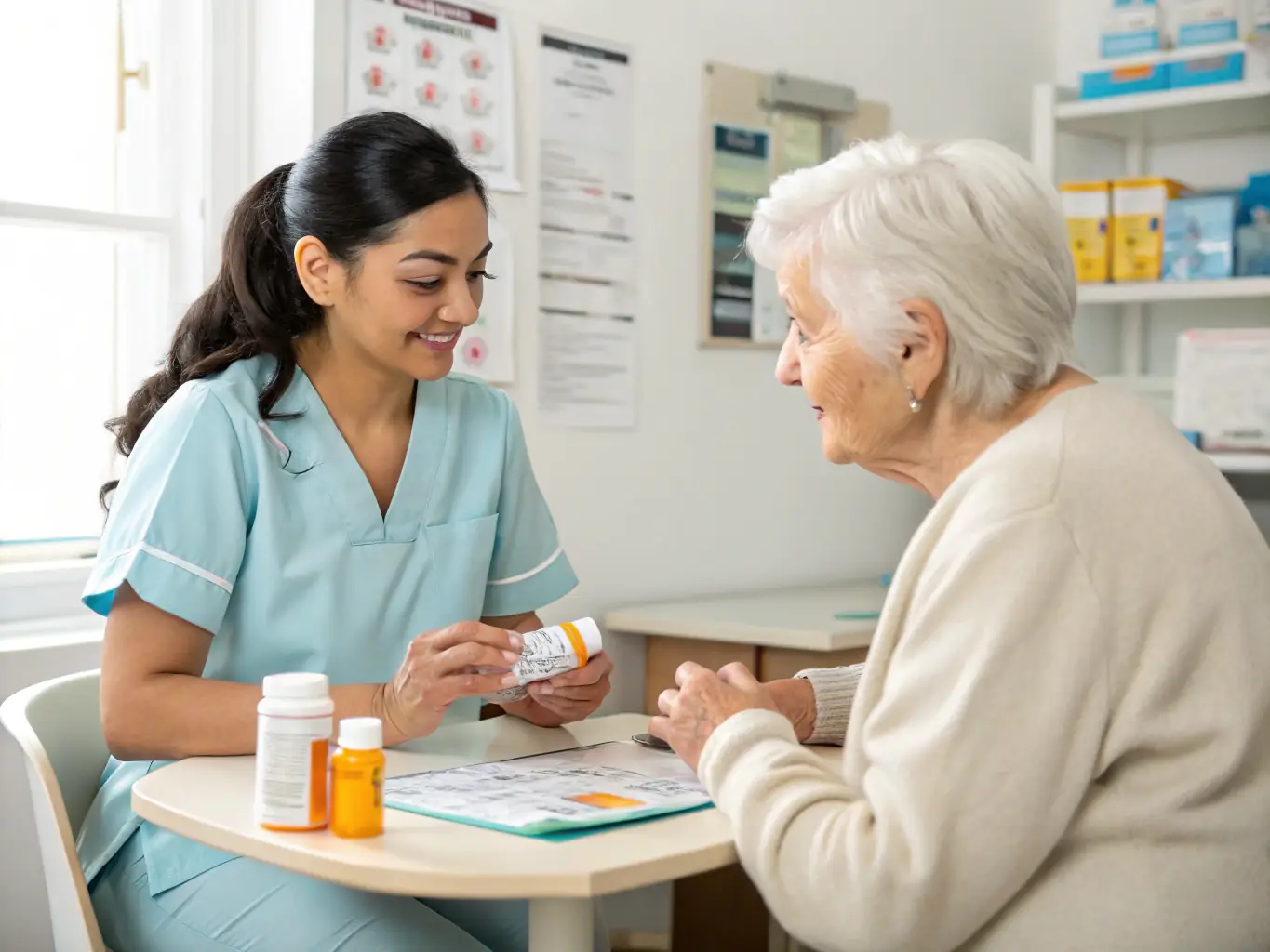 A nurse organizing medication pills and providing instructions to an elderly resident, ensuring they understand their medication schedule.