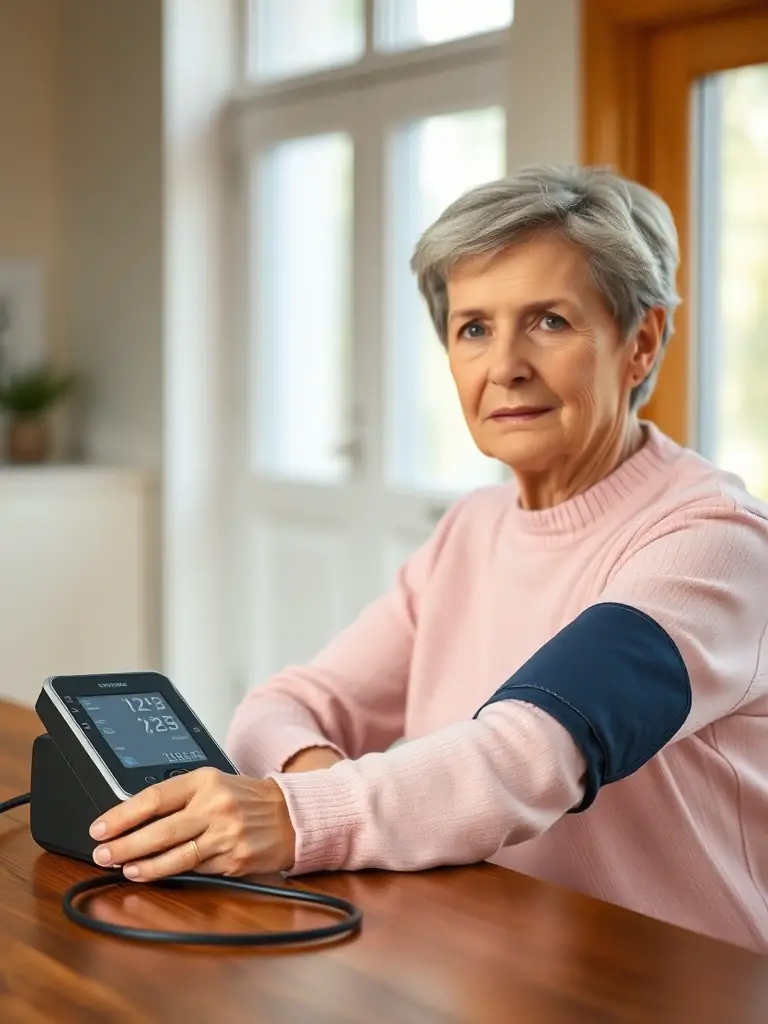A senior woman smiling as a nurse checks her blood pressure in a sunny assisted living apartment, showcasing a wellness assessment.