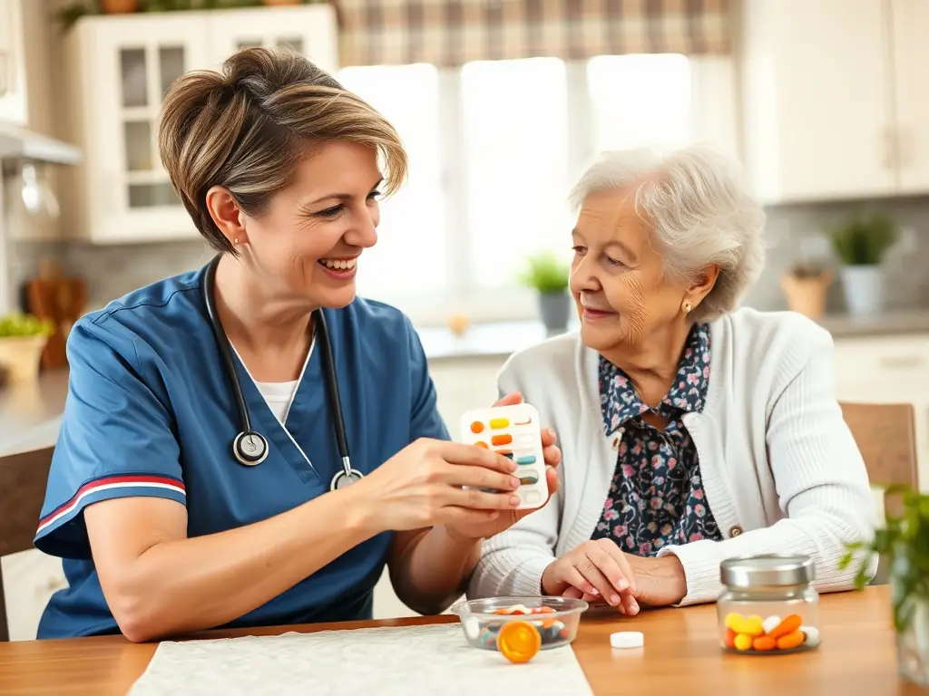 A nurse assisting a senior with organizing and understanding their medications, emphasizing safety and adherence.