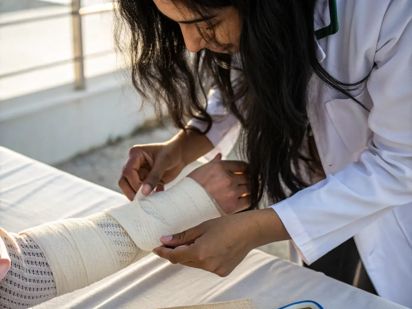 A nurse carefully tending to a wound on a senior's arm, demonstrating gentle and effective wound care techniques.