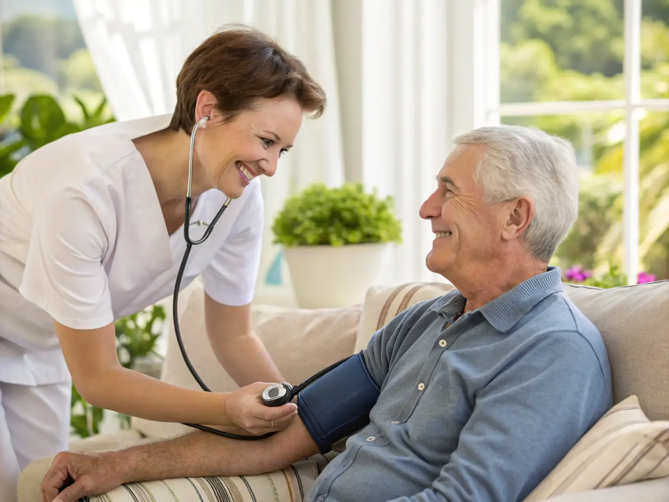 A caring nurse performing a health assessment with an elderly resident in a senior-living community, ensuring a comfortable and thorough evaluation.