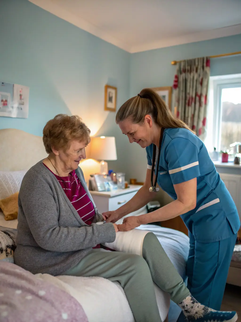 A skilled nurse providing specialized wound care to a senior patient, using advanced techniques to promote healing and prevent infection in a senior living setting.