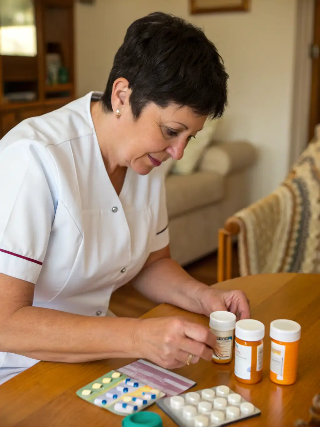 A nurse carefully organizing medication for a senior patient in their home, ensuring correct dosage and timing.
